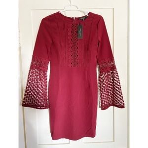 Burgundy long bell sleeve woven dress